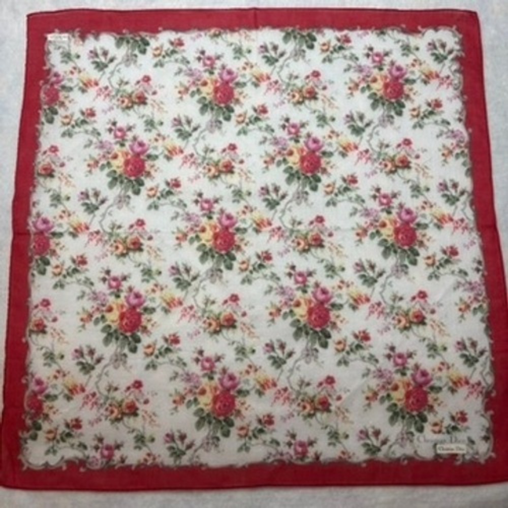 Vtg CHRISTIAN DIOR Scarf Handkerchief Floral Rose 100% Cotton Red White 19in